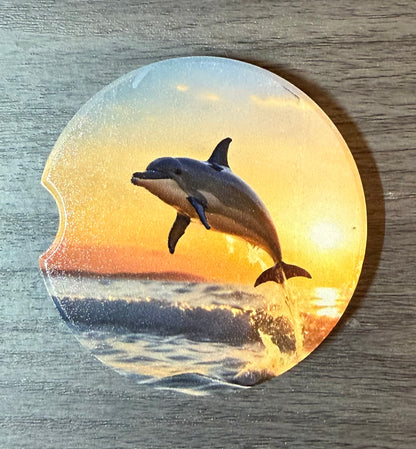 Dolphins Ceramic car coasters, designed to fit most cup holders