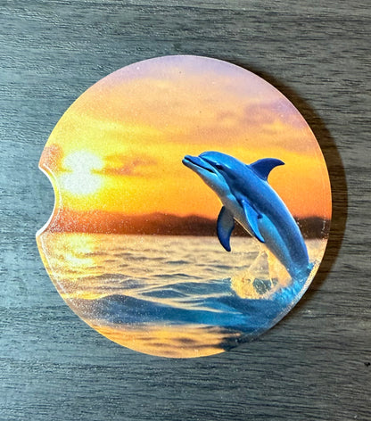 Dolphins Ceramic car coasters, designed to fit most cup holders