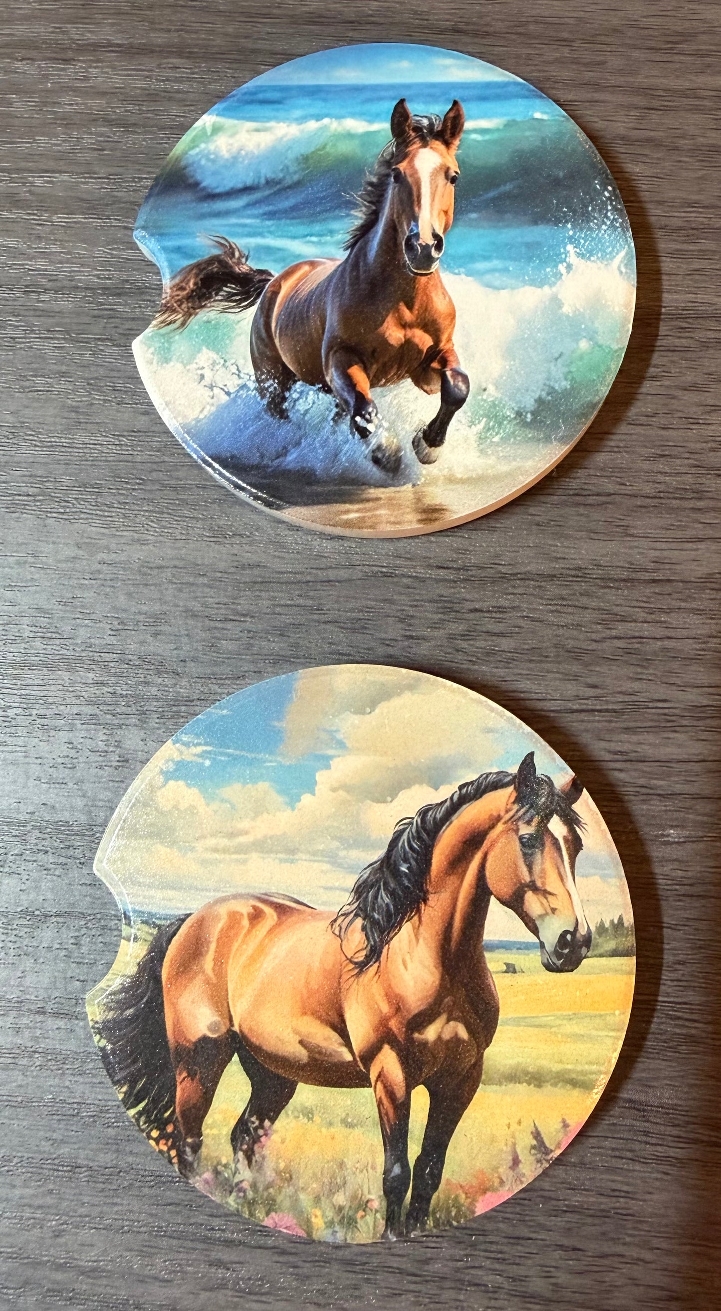 Horses Ceramic car coasters, designed to fit most cup holders