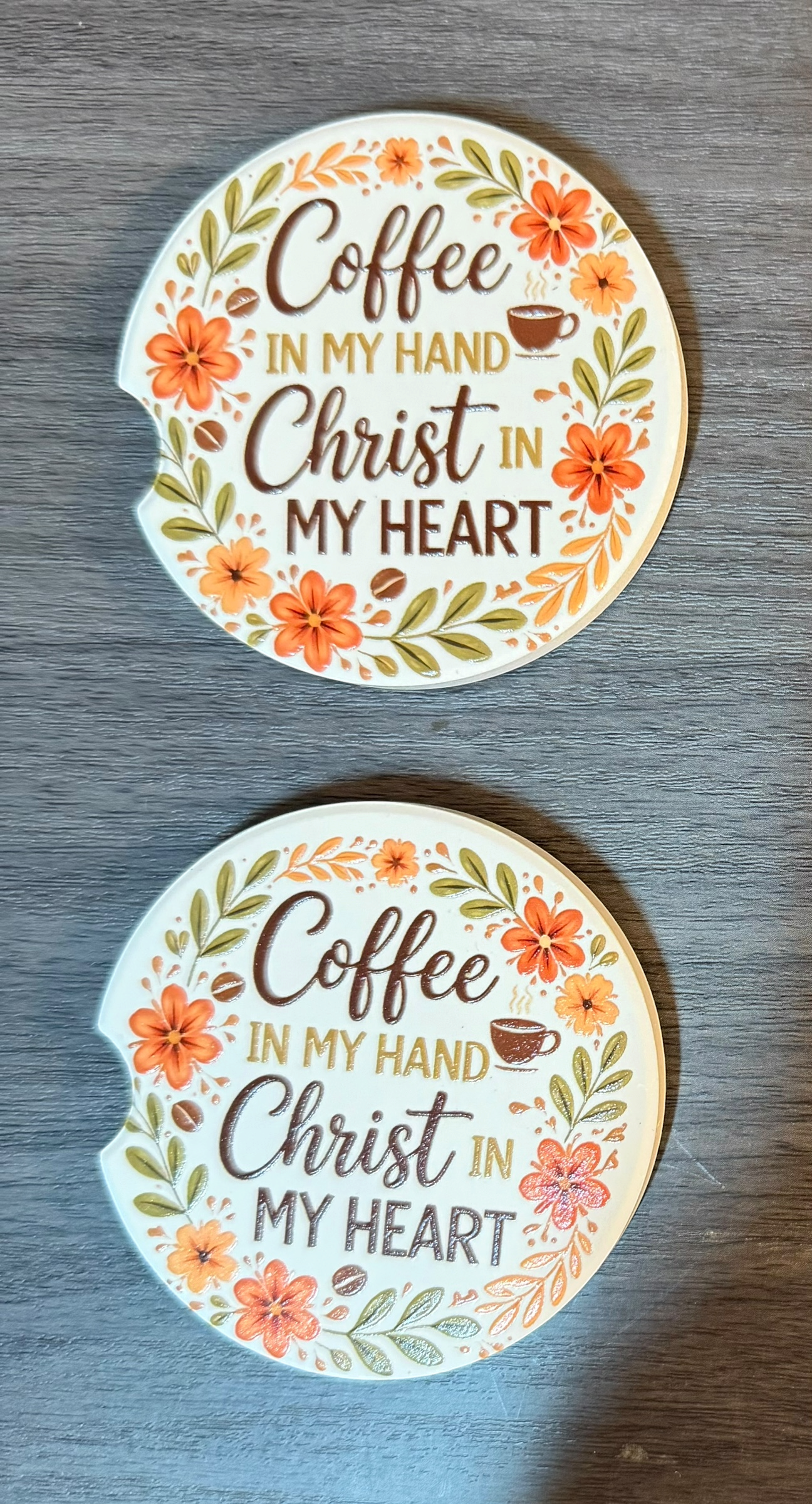 Christian Coffee & Christ, Ceramic car coasters, designed to fit most cup holders, are absorbent and help keep cars clean. They feature a vibrant design and are a great gift for car lovers.
