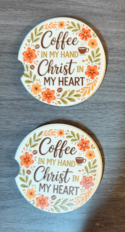 Christian Coffee & Christ, Ceramic car coasters, designed to fit most cup holders, are absorbent and help keep cars clean. They feature a vibrant design and are a great gift for car lovers.