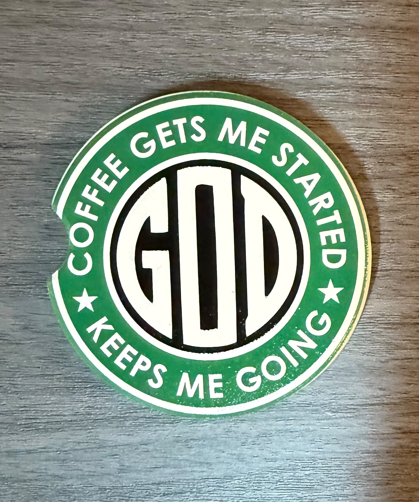 God & Coffee Ceramic car coasters, designed to fit most cup holders