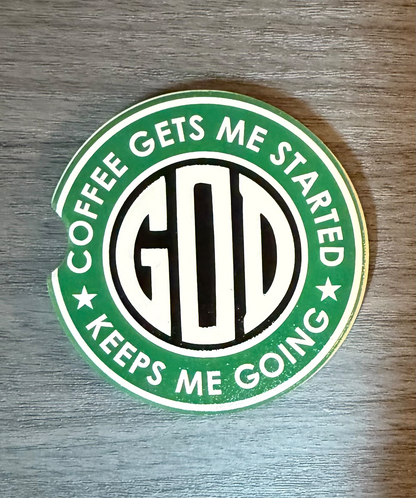God & Coffee Ceramic car coasters, designed to fit most cup holders