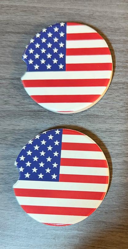 USA Flag Ceramic car coasters, designed to fit most cup holders, are absorbent and help keep cars clean. They feature a vibrant design and are a great gift for car lovers.