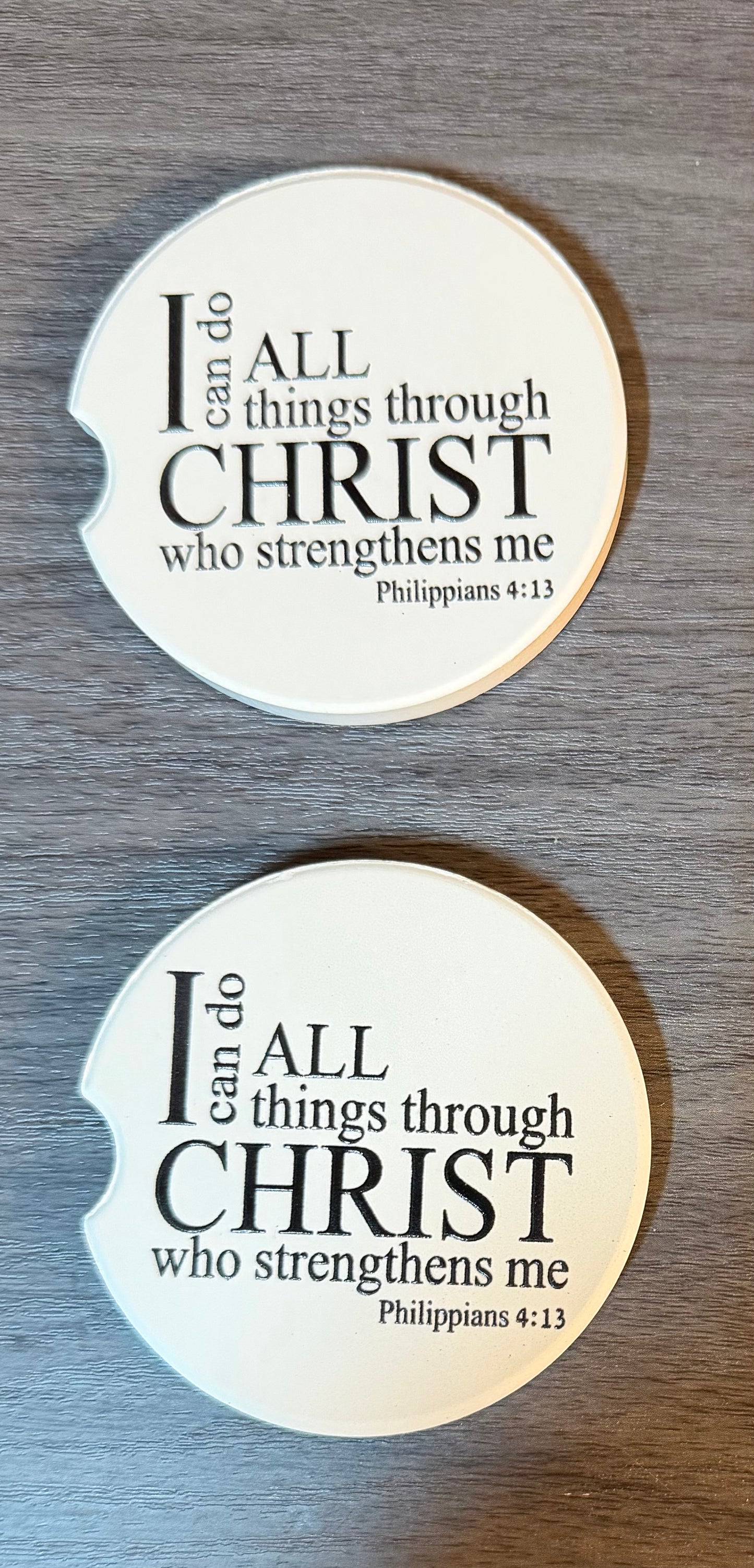 "I Can Do All Things Through Christ", Ceramic car coasters, designed to fit most cup holders