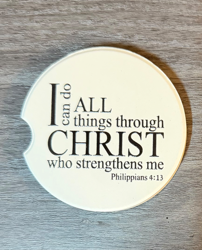 "I Can Do All Things Through Christ", Ceramic car coasters, designed to fit most cup holders