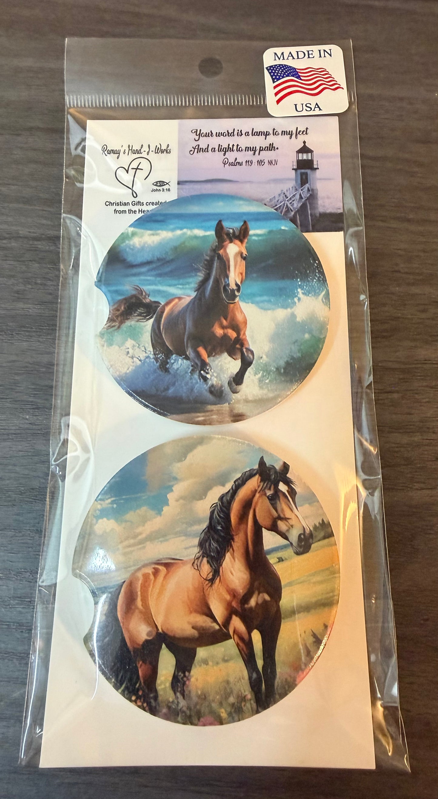 Horses Ceramic car coasters, designed to fit most cup holders