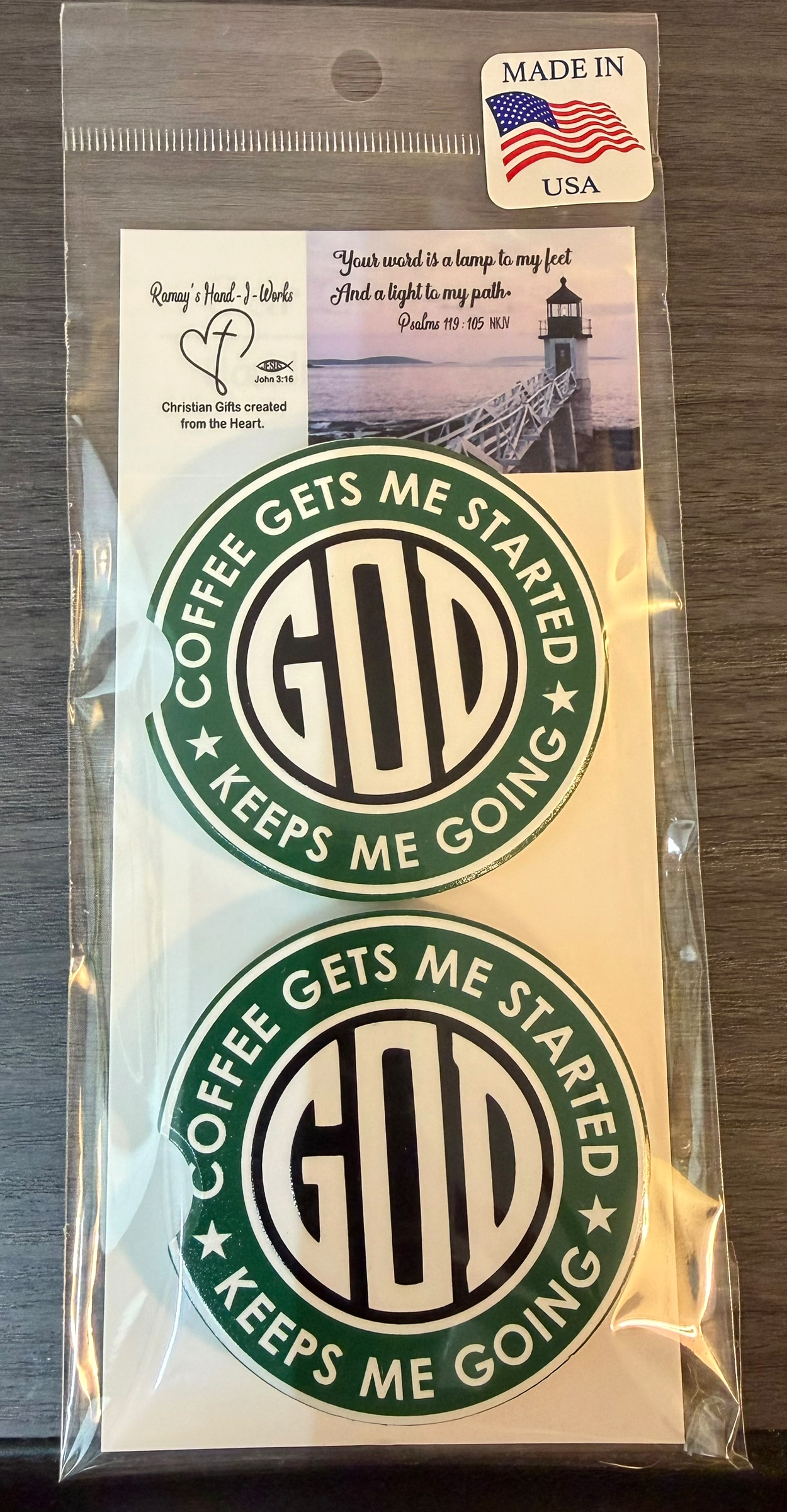 God & Coffee Ceramic car coasters, designed to fit most cup holders