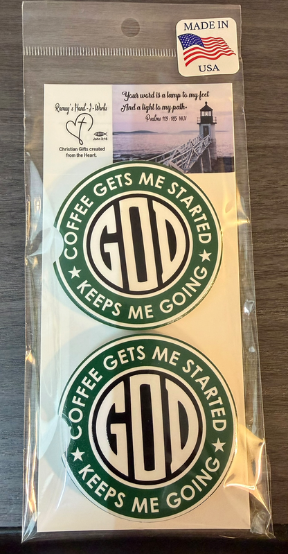 God & Coffee Ceramic car coasters, designed to fit most cup holders