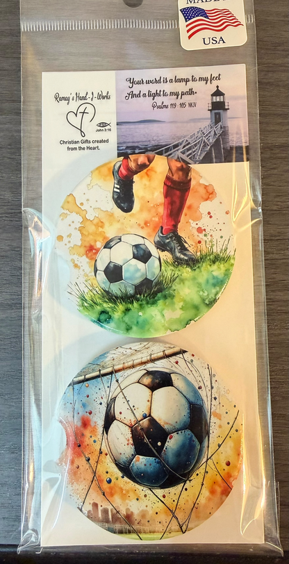 Soccer Sporting Ceramic car coasters, designed to fit most cup holders, are absorbent and help keep cars clean. They feature a vibrant design and are a great gift for car lovers.