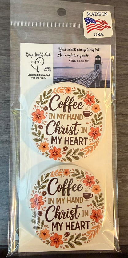 Christian Coffee & Christ, Ceramic car coasters, designed to fit most cup holders, are absorbent and help keep cars clean. They feature a vibrant design and are a great gift for car lovers.