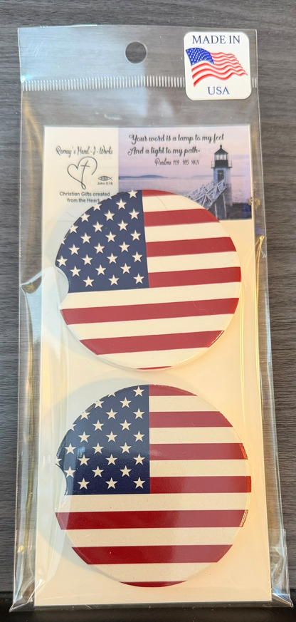 USA Flag Ceramic car coasters, designed to fit most cup holders, are absorbent and help keep cars clean. They feature a vibrant design and are a great gift for car lovers.