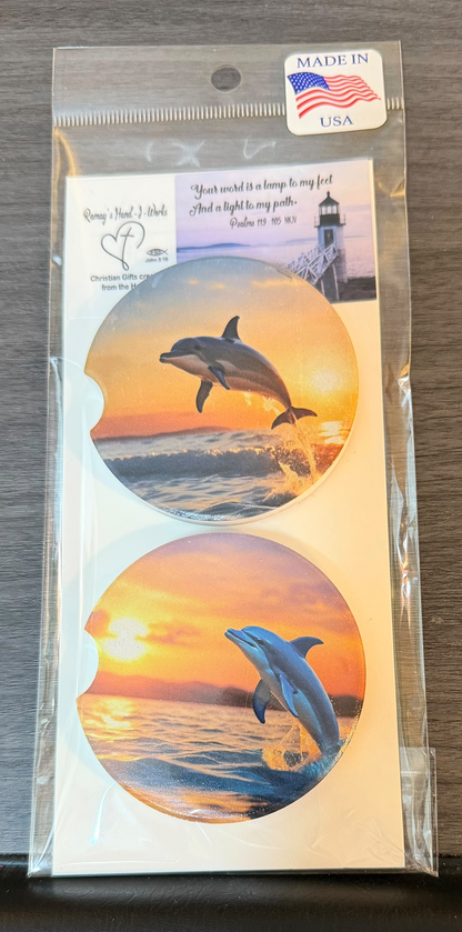 Dolphins Ceramic car coasters, designed to fit most cup holders