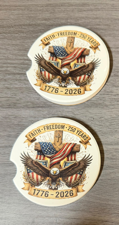 250th USA Anniversary, Ceramic car coasters, designed to fit most cup holders, are absorbent and help keep cars clean. They feature a vibrant design and are a great gift for car lovers.