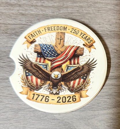 250th USA Anniversary, Ceramic car coasters, designed to fit most cup holders, are absorbent and help keep cars clean. They feature a vibrant design and are a great gift for car lovers.