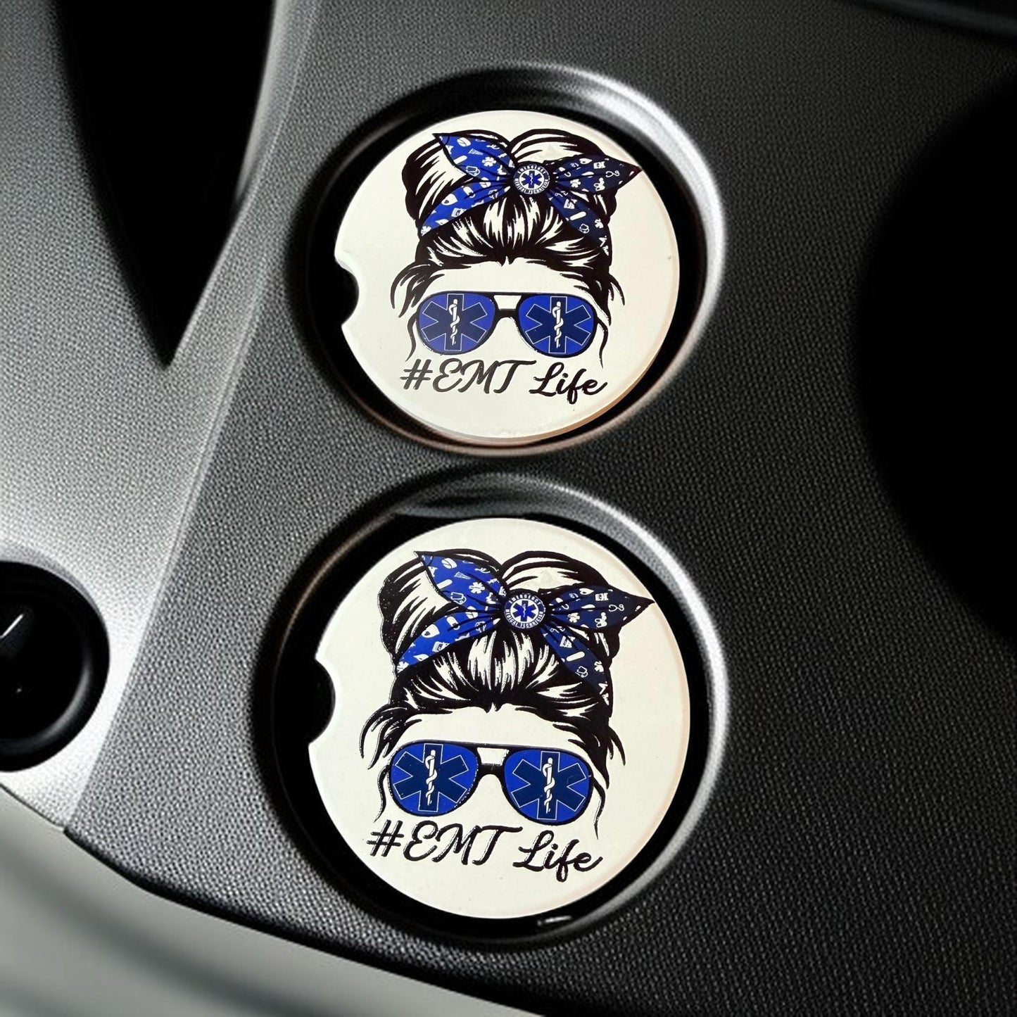 Messy Bun EMT Life Custom Ceramic Car Coasters (Set of 2) Absorbent Holder Decor __etsy:8192074715