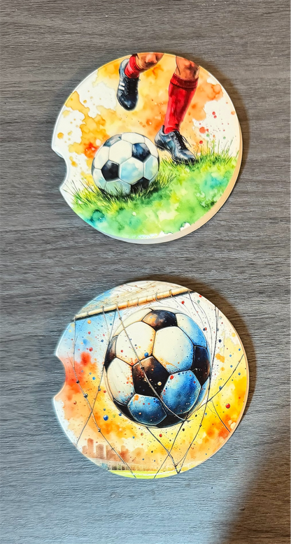 Soccer Sporting Ceramic car coasters, designed to fit most cup holders, are absorbent and help keep cars clean. They feature a vibrant design and are a great gift for car lovers.