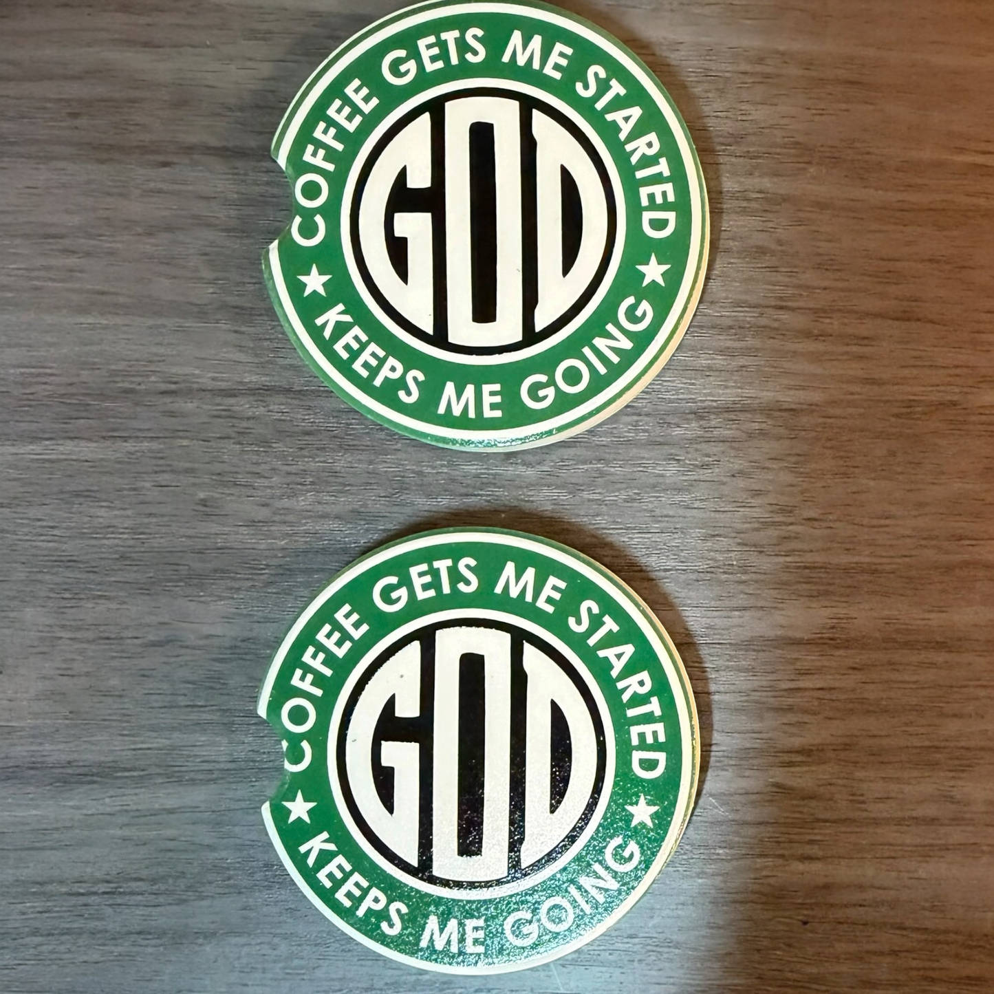 God & Coffee Ceramic car coasters, designed to fit most cup holders