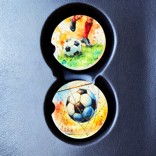 Soccer Sporting Ceramic car coasters, designed to fit most cup holders, are absorbent and help keep cars clean. They feature a vibrant design and are a great gift for car lovers.