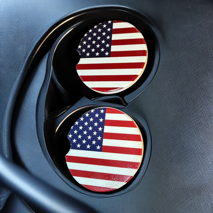 USA Flag Ceramic car coasters, designed to fit most cup holders, are absorbent and help keep cars clean. They feature a vibrant design and are a great gift for car lovers.