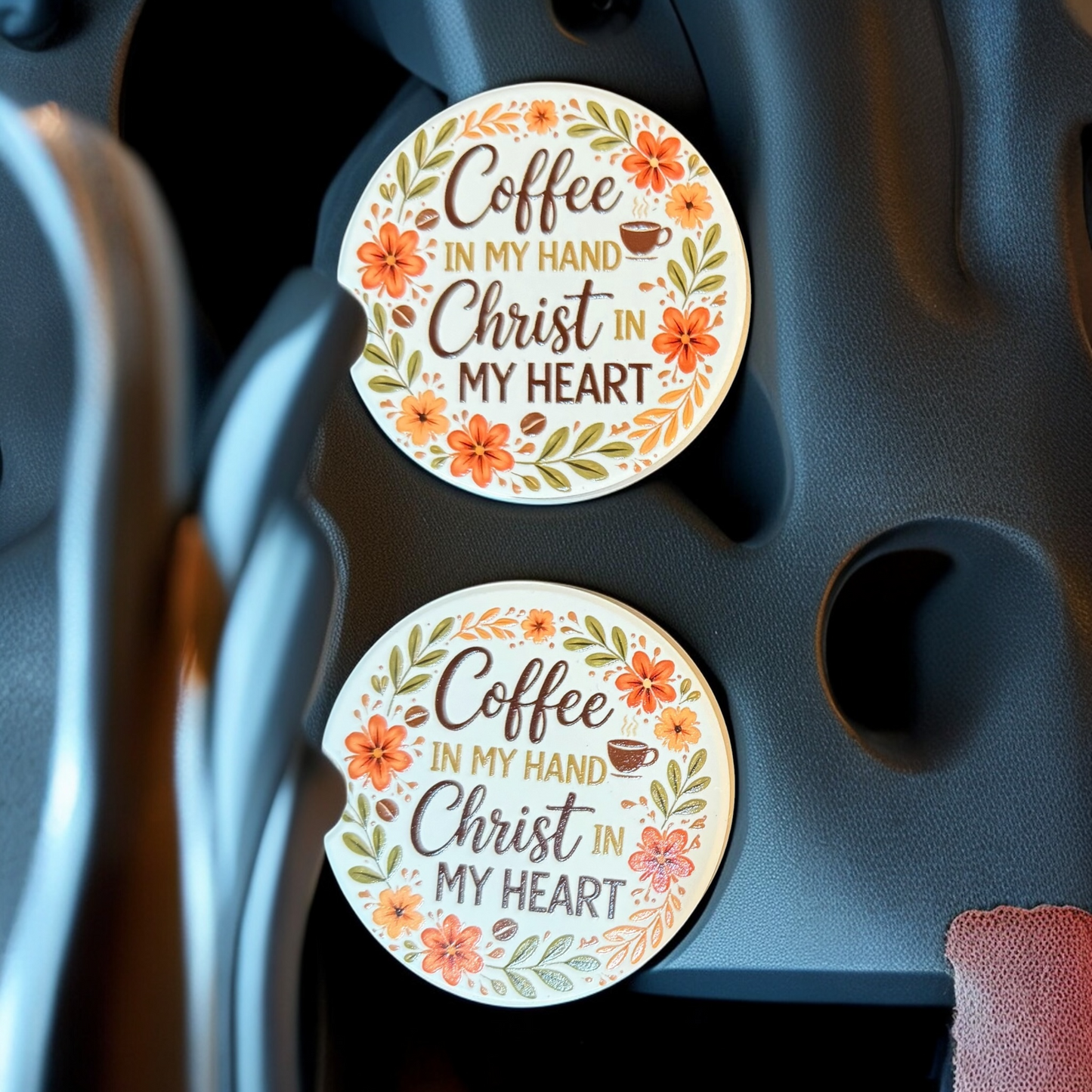 Christian Coffee & Christ, Ceramic car coasters, designed to fit most cup holders, are absorbent and help keep cars clean. They feature a vibrant design and are a great gift for car lovers.