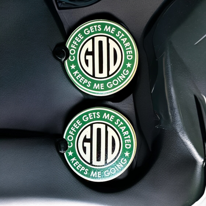 God & Coffee Ceramic car coasters, designed to fit most cup holders