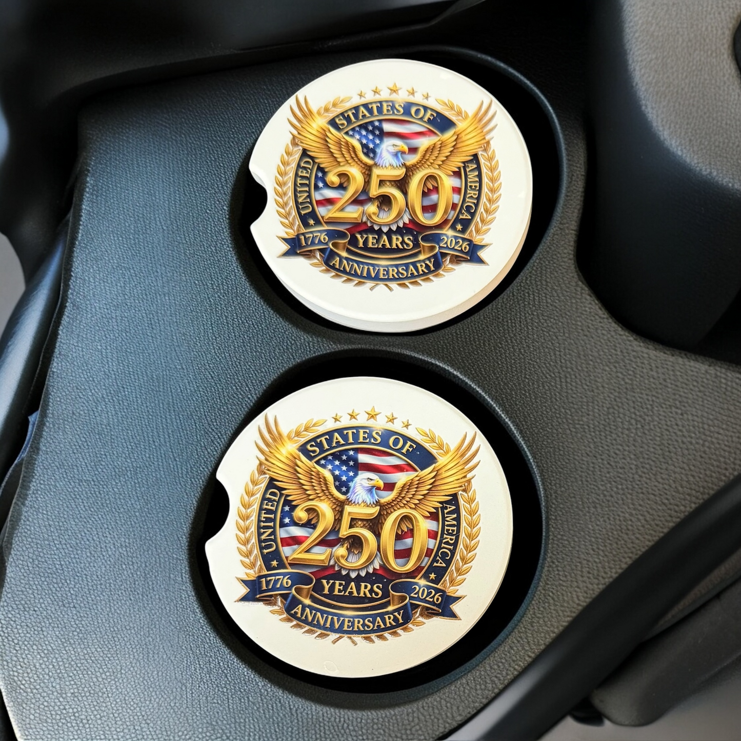 250th USA Anniversary 2B Ceramic car coasters, designed to fit most cup holders, are absorbent and help keep cars clean. They feature a vibrant design and are a great gift for car lovers.