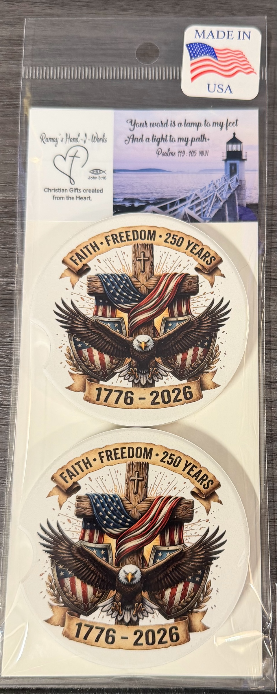 250th USA Anniversary, Ceramic car coasters, designed to fit most cup holders, are absorbent and help keep cars clean. They feature a vibrant design and are a great gift for car lovers.