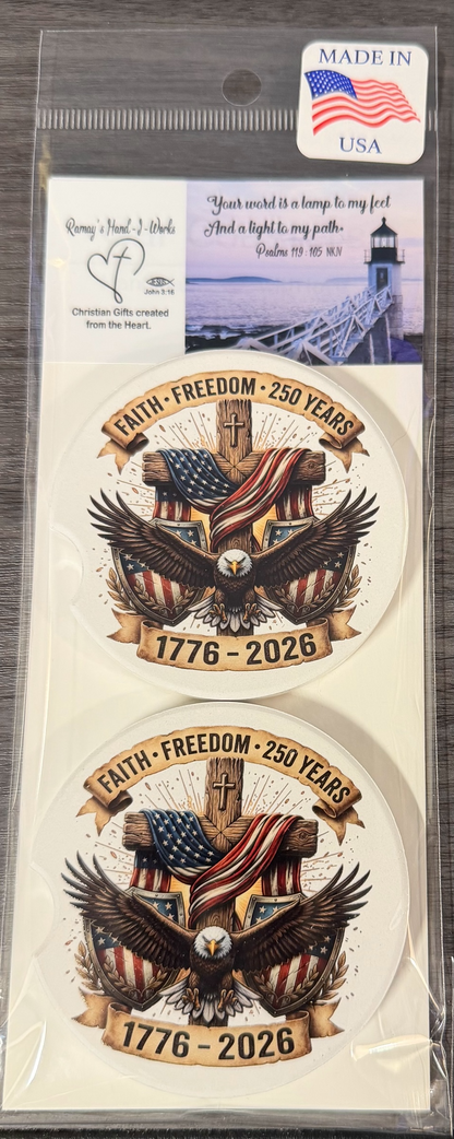 250th USA Anniversary, Ceramic car coasters, designed to fit most cup holders, are absorbent and help keep cars clean. They feature a vibrant design and are a great gift for car lovers.