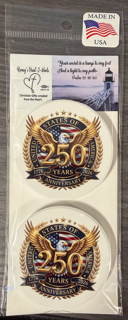 250th USA Anniversary 2B Ceramic car coasters, designed to fit most cup holders, are absorbent and help keep cars clean. They feature a vibrant design and are a great gift for car lovers.