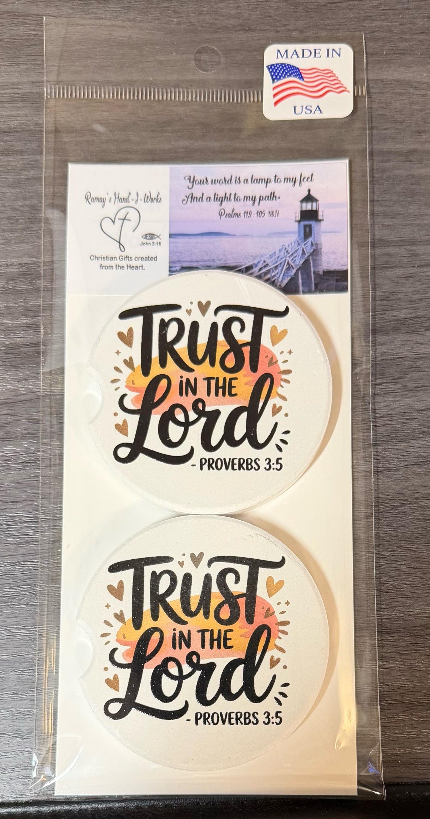Trust in The Lord - Proverbs 3:5 Christian Custom Ceramic Car Coasters (Set of 2) __etsy:8193189899