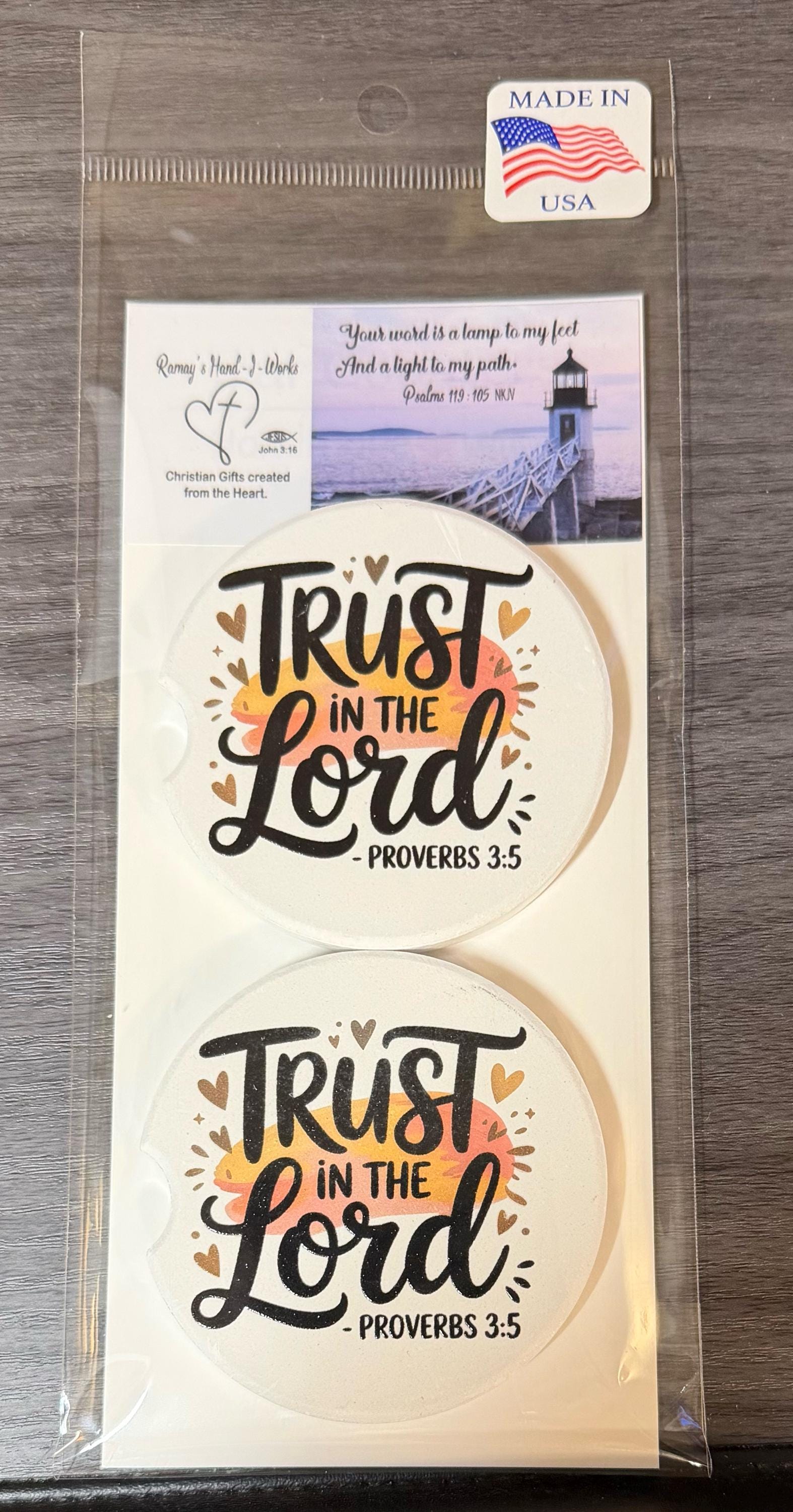 Trust in The Lord - Proverbs 3:5 Christian Custom Ceramic Car Coasters (Set of 2) __etsy:8193189899
