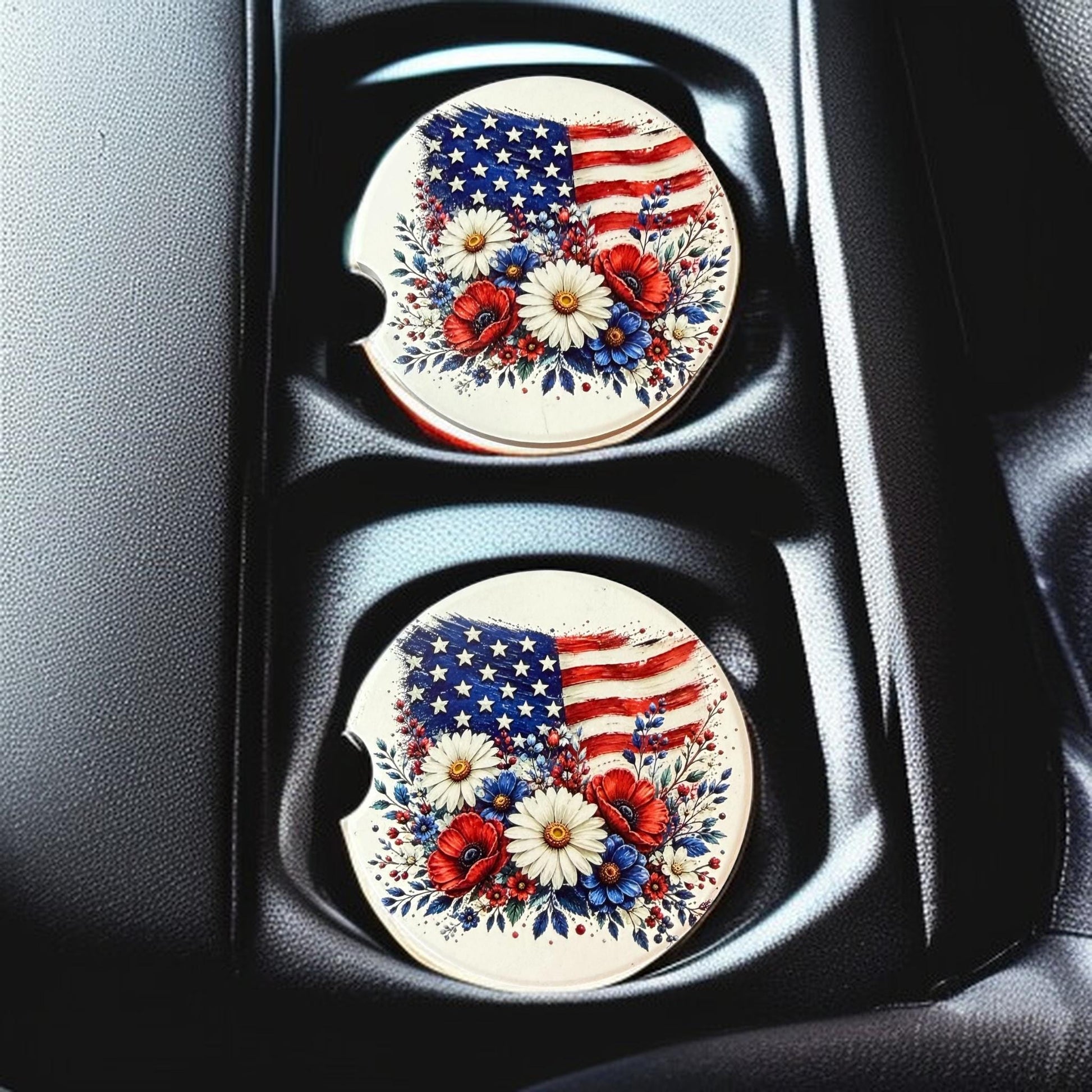 USA Flag with Flowers Custom Ceramic Car Coasters (Set of 2) Absorbent Holder __etsy:8144029456