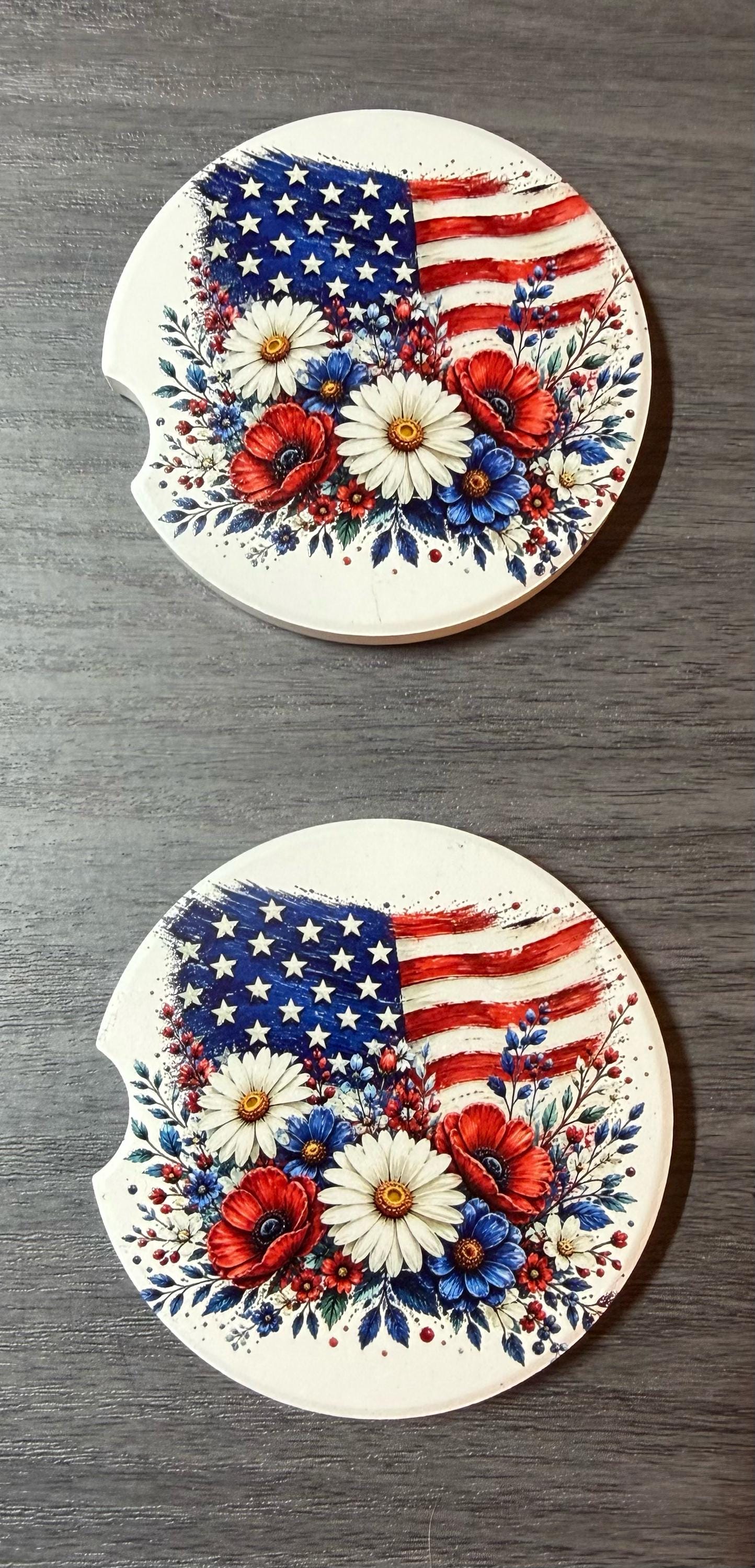 USA Flag with Flowers Custom Ceramic Car Coasters (Set of 2) Absorbent Holder __etsy:8144047230
