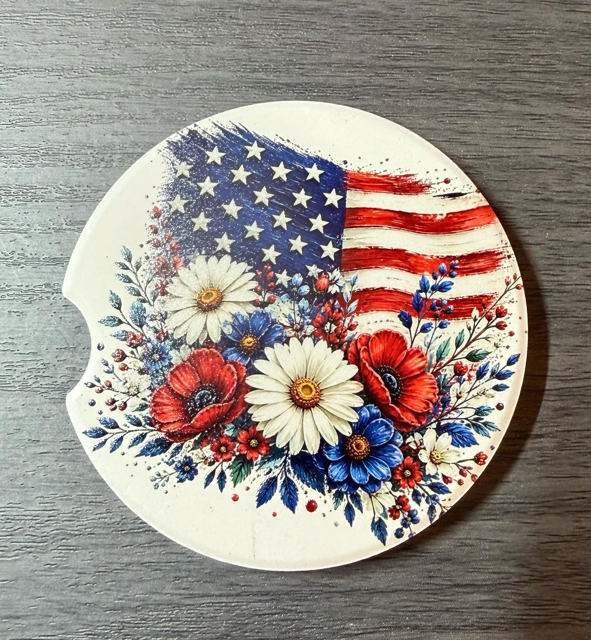 USA Flag with Flowers Custom Ceramic Car Coasters (Set of 2) Absorbent Holder __etsy:8144047216