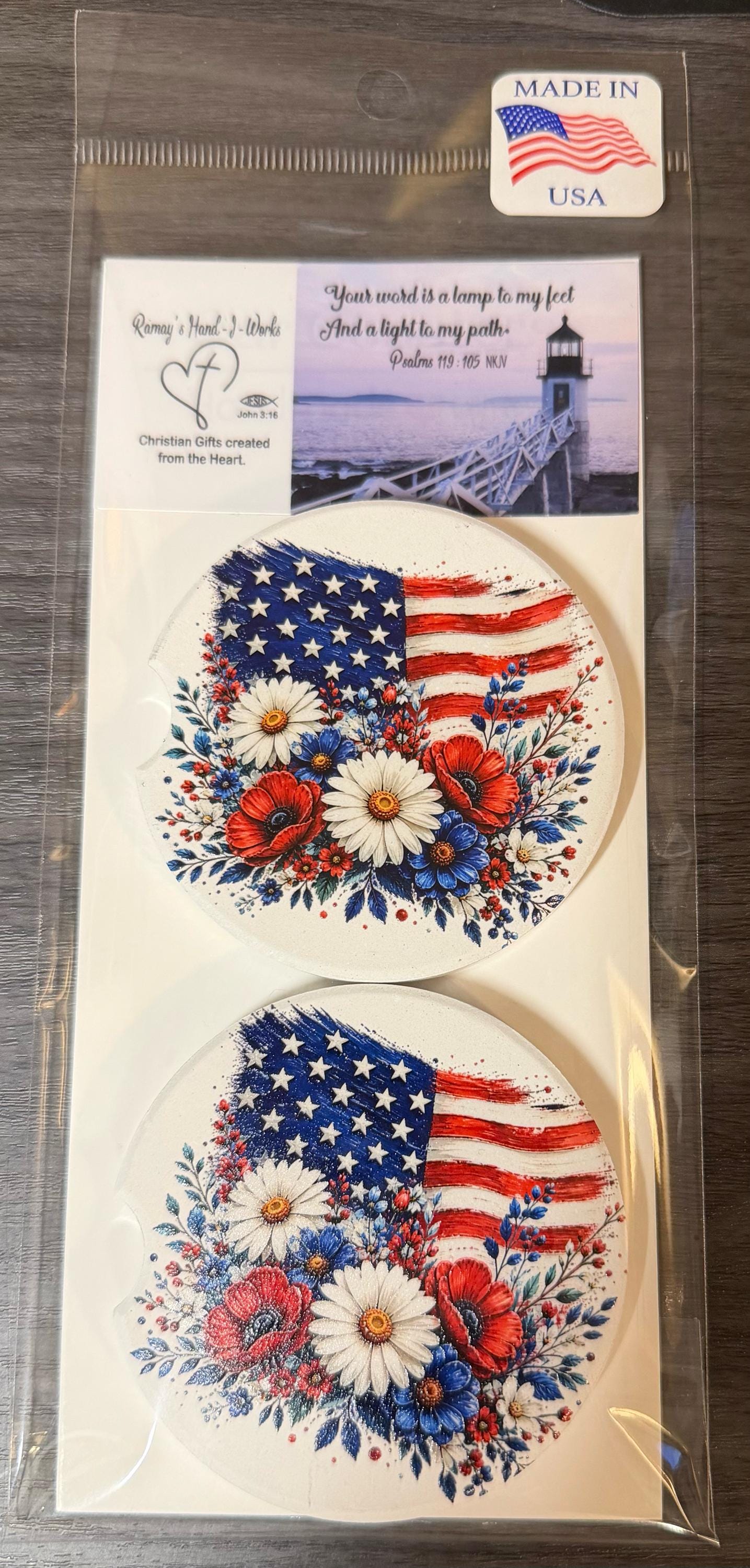 USA Flag with Flowers Custom Ceramic Car Coasters (Set of 2) Absorbent Holder __etsy:8144050612