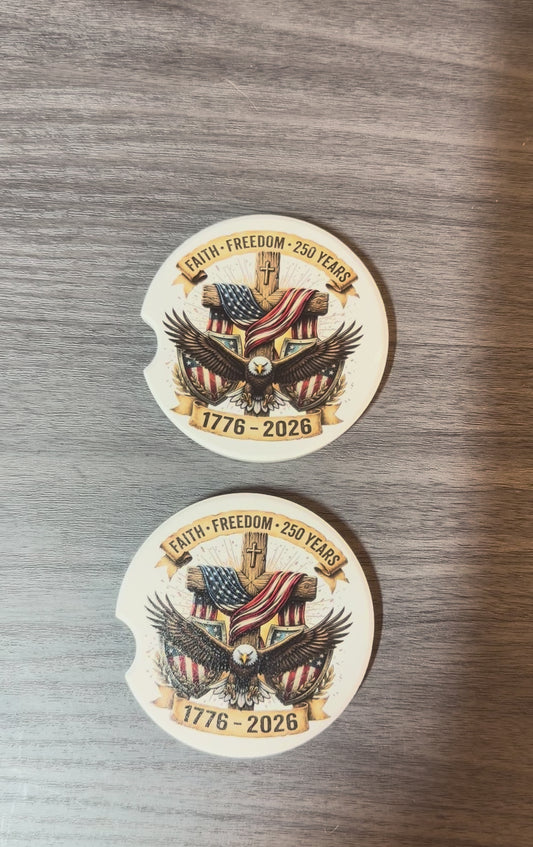 250th USA Anniversary, Ceramic car coasters, designed to fit most cup holders, are absorbent and help keep cars clean. They feature a vibrant design and are a great gift for car lovers.